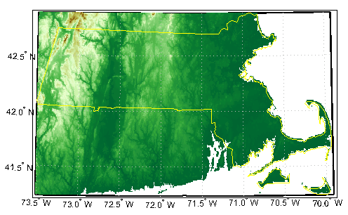 Topographic map showing the state boundary of Massachusetts