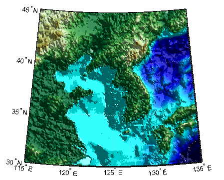 Lighted shaded relief map of an area surrounding the Korean peninsula