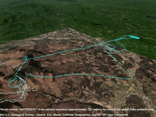 A 3-D line plotted over a region with terrain imagery