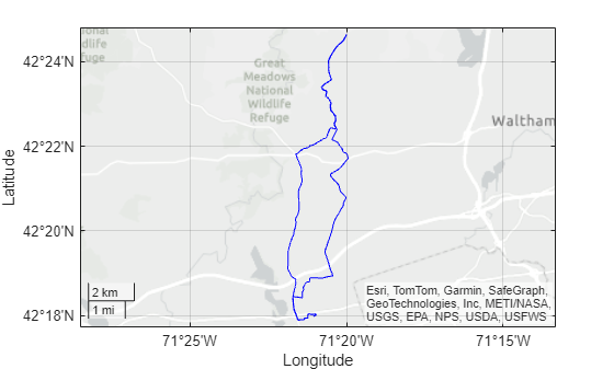 Figure contains an axes object with type geoaxes. The geoaxes object contains an object of type line.