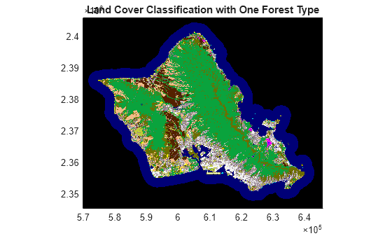 Figure contains an axes object. The axes object with title Land Cover Classification with One Forest Type contains an object of type image.
