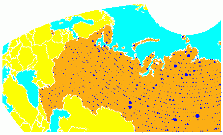 One-degree-by-one-degree binning of random data points in Russia