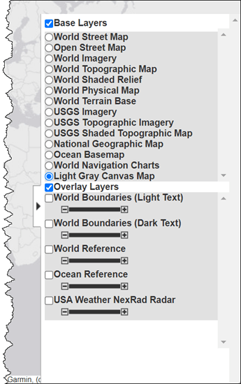 Layer Manager with Light Gray Canvas Map base layer selected