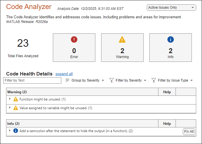 The Code Analyzer report indicates that it analyzed 23 files and there are zero errors, two warnings, and two informational messages.