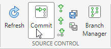 The mouse points to the Commit button in the Source Control section of the toolstrip.