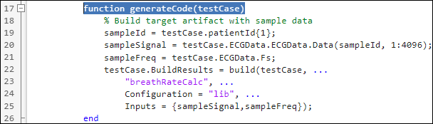 The generateCode function from the breathRateEquivalenceTest.m file is shown, which spans lines 17 through 26.