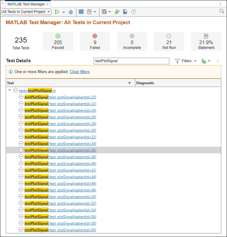 The MATLAB Test Manager shows only the tests in the testPlotSignal.m file.