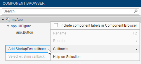 Context menu for the app node in the Component Browser