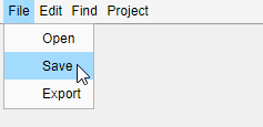 Menu bar with the "File" menu expanded to show three submenus called "Open", "Save", and "Export"