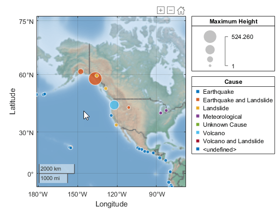 Geographic bubble chart with an axes toolbar above the map. The toolbar contains zoom in, zoom out, and restore view buttons.