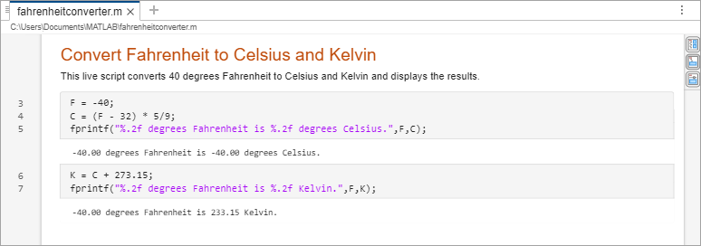 Live script open in the Live Editor containing text, code, and output, and saved using the plain text file format (.m)