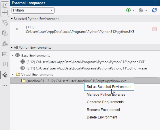 A screenshot of the External Languages panel in MATLAB showing Python environments with a context menu open after right-clicking on the "sandbox01 - 3.12" virtual environment. The menu options are: "Set as Selected Environment," "Manage Python Libraries," "Generate Requirements," "Remove Environment," and "Delete Environment." The cursor is hovering over "Set as Selected Environment."