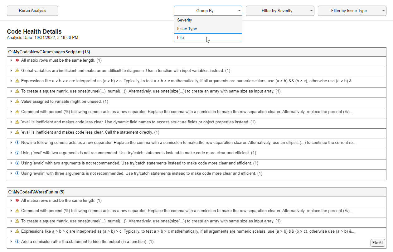 Code Analyzer report grouped by file.