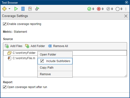 Coverage Settings section, including the paths to a source file and a source folder