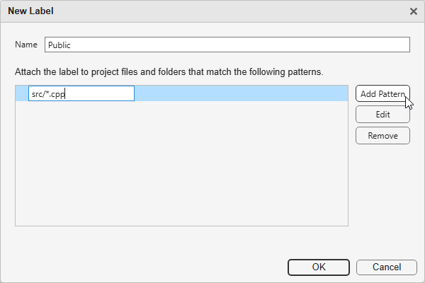 New Label dialog box with a label named Public and an associated pattern src/*.cpp.