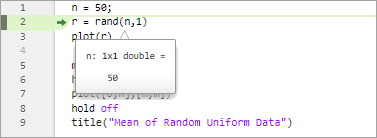 plotRand script paused at line 2 with a data tip showing the size, data type, and value of the variable n