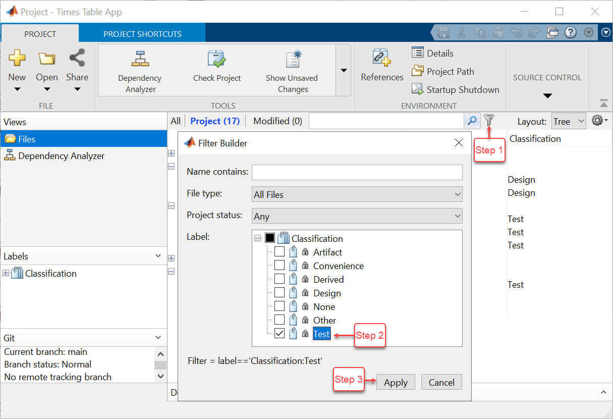 Steps to create a filter for test files. Project interface with an arrow that points to the filter icon in the top right. Filter Builder dialog that lists all labels including the Test label.