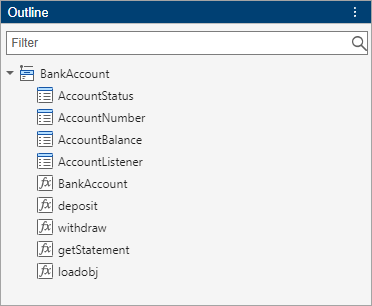 Outline panel showing the outline of the BankAccount class, which includes four properties and five methods