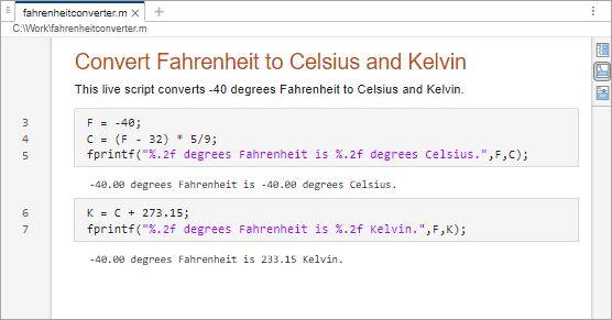 Live script with a .m file extension in the Live Editor. The live script contains formatted text, code, and output.