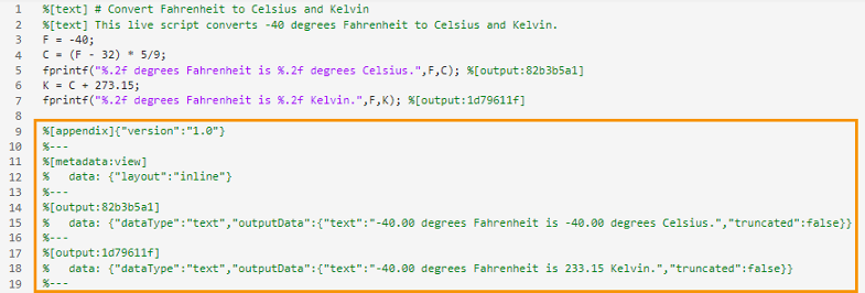 Live script saved using the plain text Live Code file format (.m) open as plain text in the Editor, with the appendix at the end of the file