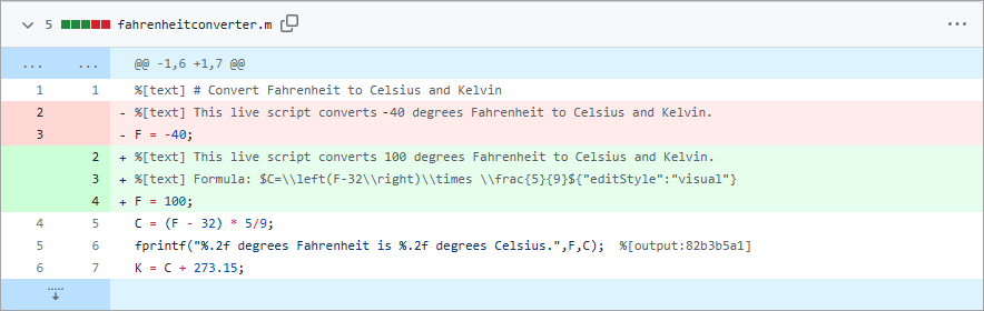 Diff of two versions of a live script saved using the plain text Live Code file format (.m) in GitHub