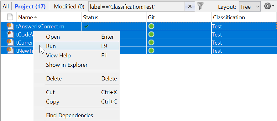 Project files view with the test filtered applied. All tests files are selected and a context menu appears over them. The mouse points to the Run option in the context menu.