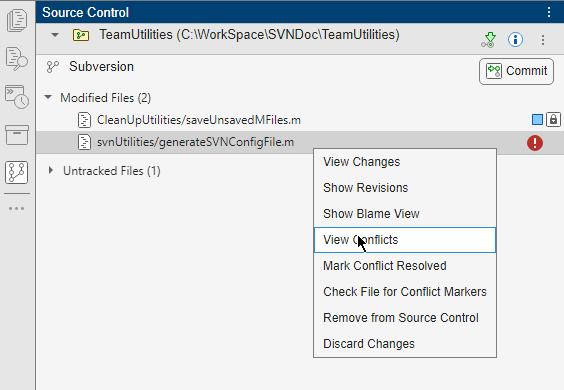 SVN repository in the Source Control panel with one file conflict