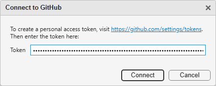 Connect to GitHub window asking for your GitHub personal access token.