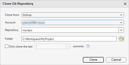 The Clone Git Repository dialog box with the Clone from, Account, Repository, and Folder fields, as well as a shallow clone checkbox.