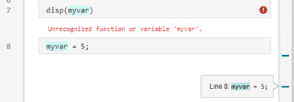 In a script file, the myvar variable name is highlighted throughout the code. Indicators on the right side of the Editor show where the name occurs. Pointing to an indicator shows the corresponding line number.