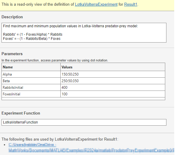 Experiment source tab displaying a read-only view of the definition of a general-purpose experiment result