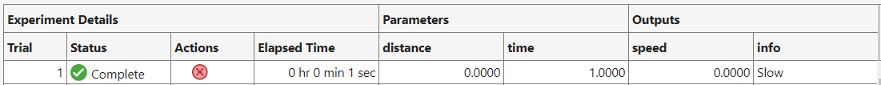 The Outputs column in the table of experiment results contains two nested columns for the speed and info variables