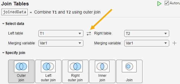 The Join Tables Live Editor task, showing the button for switching the order of the input tables
