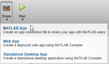Share button drop-down list. The options in the list are MATLAB App, Web App, and Standalone Desktop App.