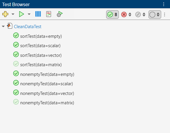 Test browser, showing two tests that passed in the first test run and six tests that passed in the most recent test run. The statuses of the two tests that ran before the most recent test run appear dimmed.