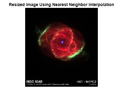 Figure contains an axes object. The hidden axes object with title Resized Image Using Nearest Neighbor Interpolation contains an object of type image.