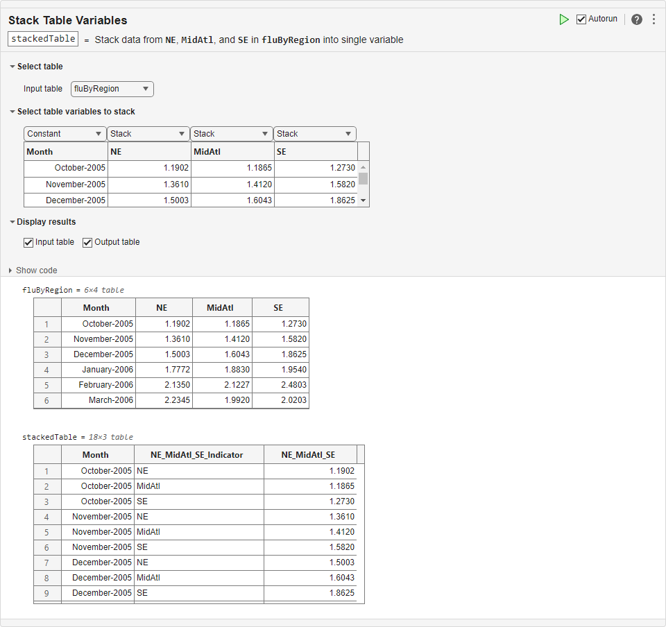 Stack Table Variables task in Live Editor