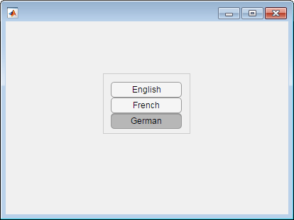 Three toggle buttons in a button group. The buttons have the text "English", "French", and "German". The "German" button is selected.