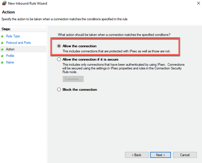 Select Allow the connection option