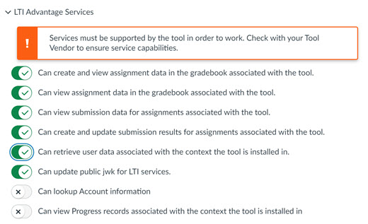 Image shows the LTI Advantage Services selection screen with the required services selected.