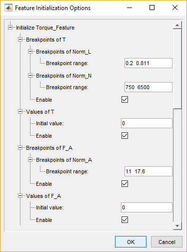 Feature Initialization Options dialog showing settings for Torque_Feature with breakpoint ranges, initial values, and enable checkboxes.