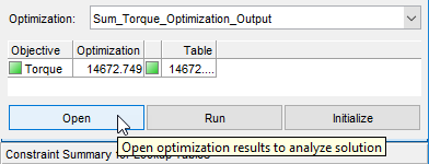 Optimization panel for Sum_Torque_Optimization_Output showing Torque objective values with buttons for Open, Run, and Initialize; tooltip reads ‘Open optimization results to analyze solution.