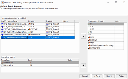 Wizard window for selecting optimization results to fill CAGE lookup tables, showing lists of tables, tradeoff options, and normalizer inputs.