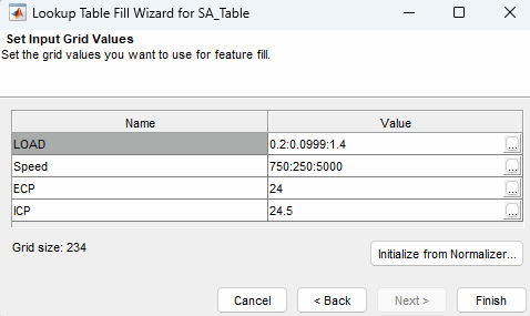 Look up table fill wizard input grid values when model and feature inputs are not connected.