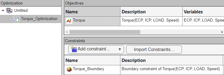 Optimization view in the CAGE browser displaying the objectives and constraints.