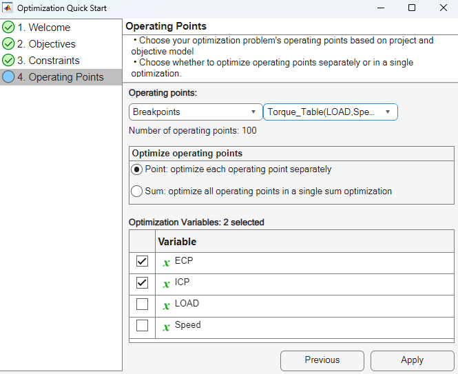 Create optimization from model dialog.