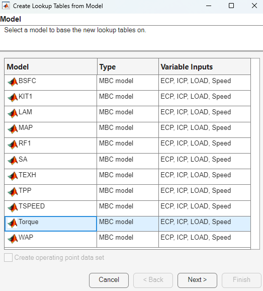 Create lookup tables from model dialog.