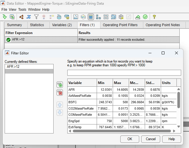The Data Editor dialog box shows an added filter