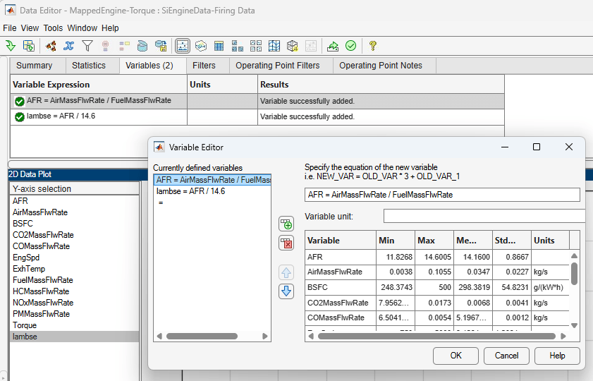 The Variable Editor dialog box shows an added equation