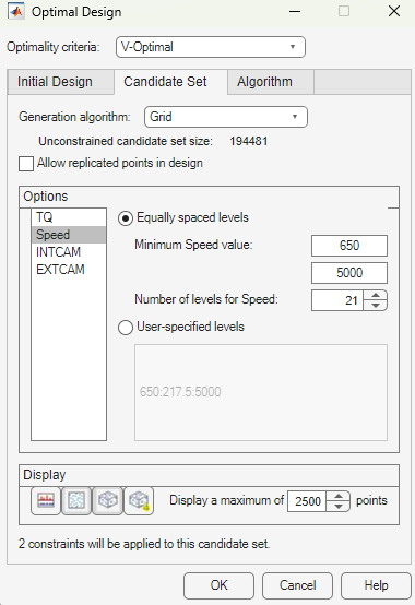 Optimal Design dialog with arrows and text overlaid on top to indicate where to choose an algorithm type, open display windows, and change the number of levels of the selected variable.